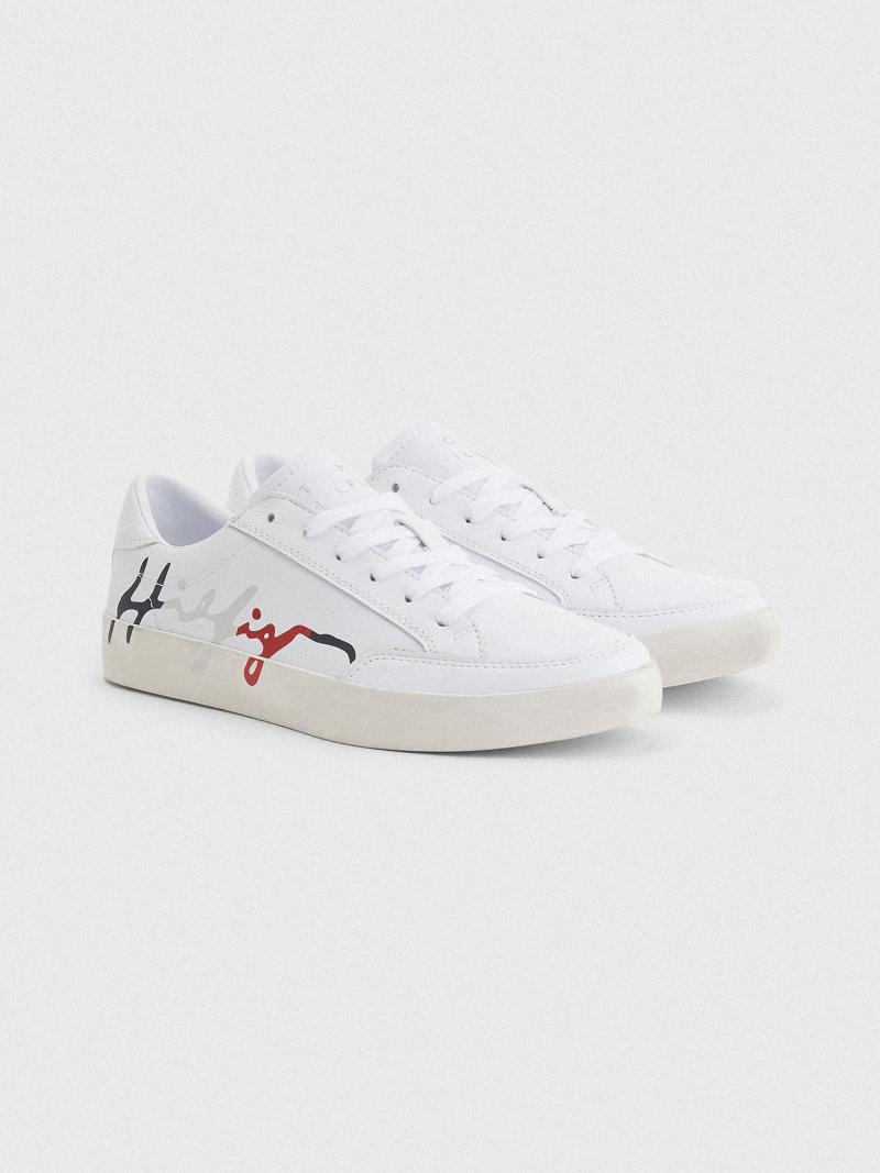 Női Tommy Hilfiger Bőr Signature Alkalmi Cipő Fehér | HU 591ZUT